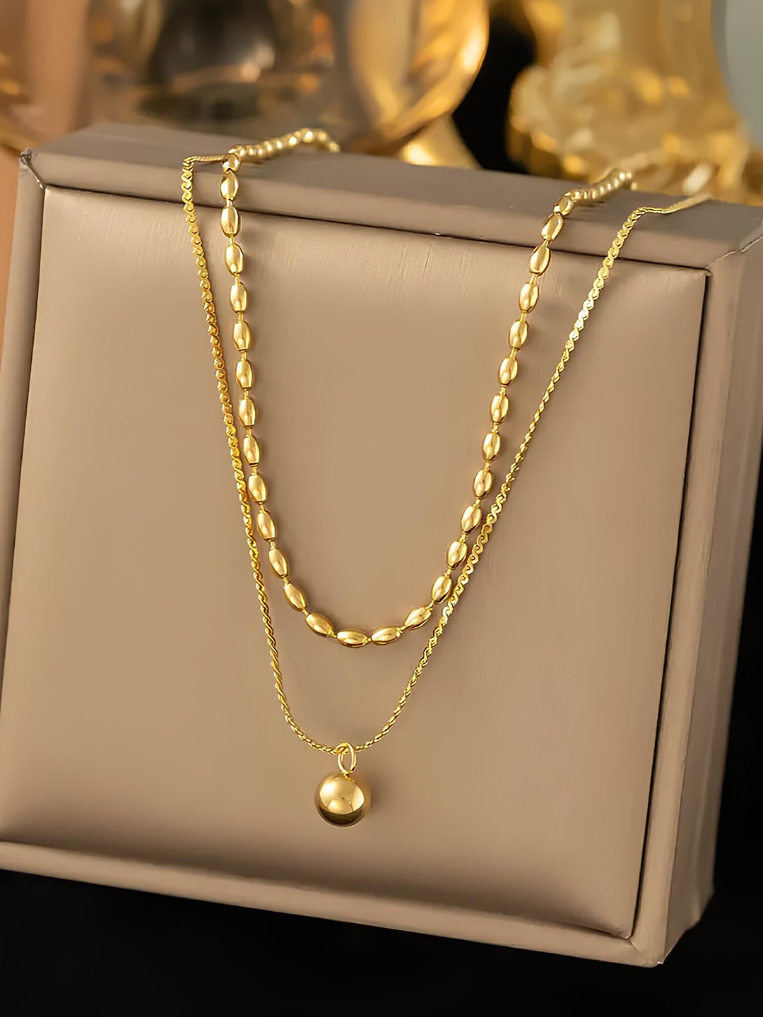 KARISHMA KREATIONS Stainless Steel Gold-Plated Beaded Double Layered Korean Necklace
