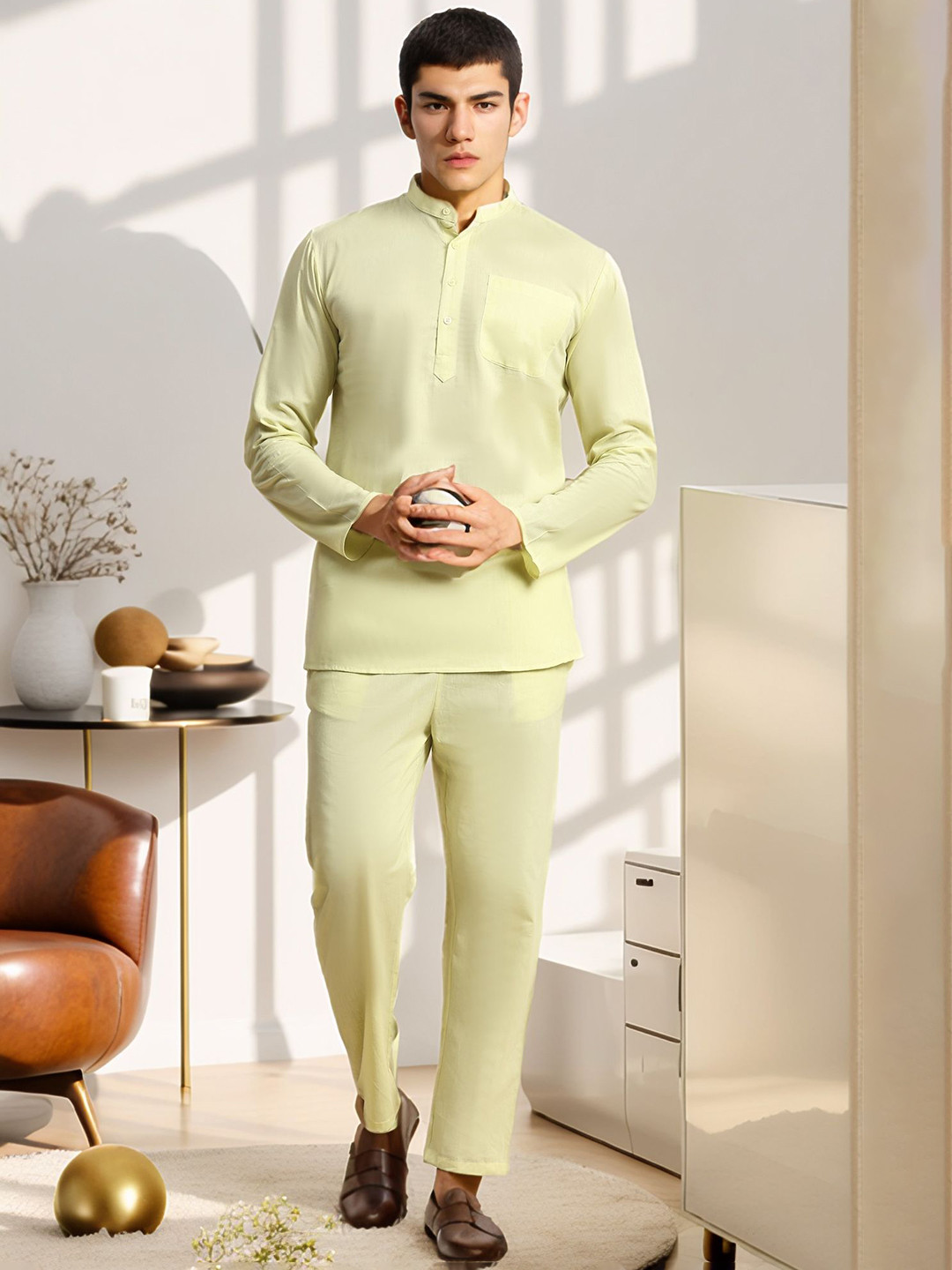 Moda Rapido Band Collar Pure Cotton Straight Short Kurta With Pyjama