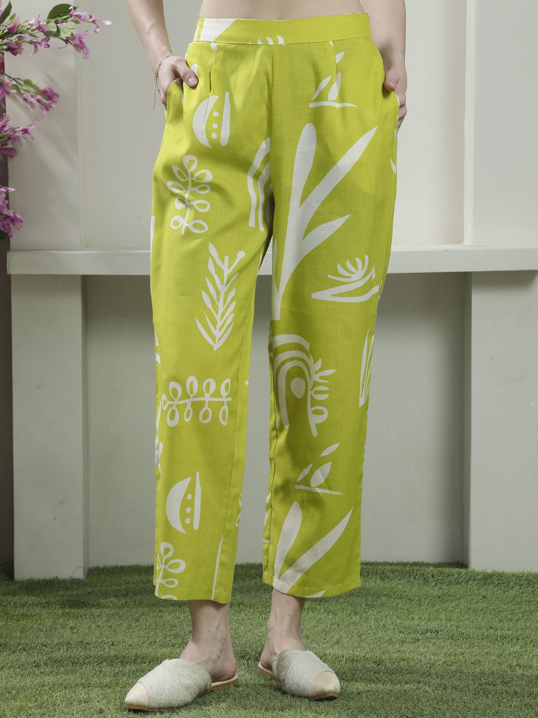 Athena Women Floral Printed Relaxed Linen Straight Leg Trousers