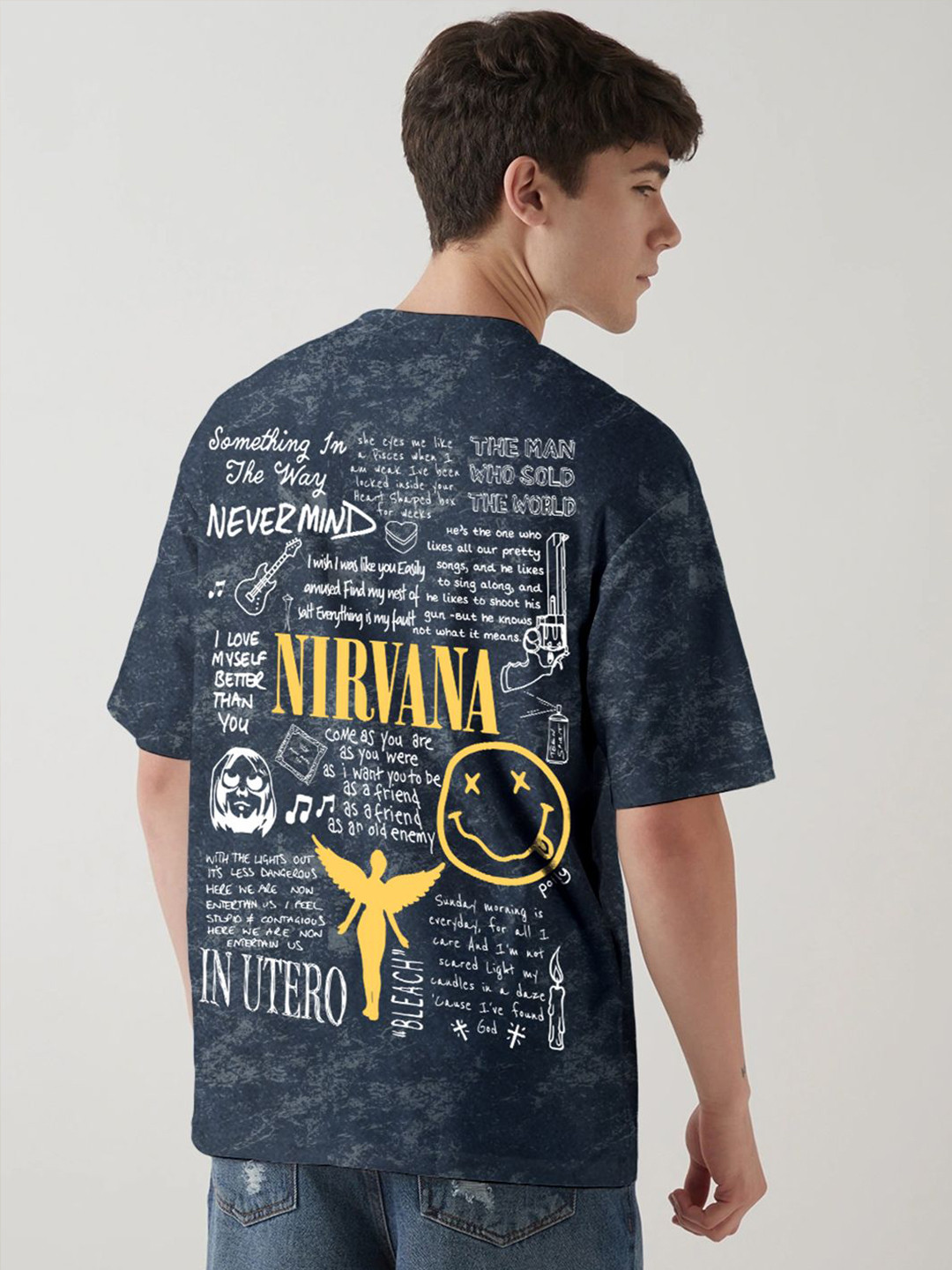 Crazymonk Men Nirvana Acid Wash Graphic Printed Oversized Cotton T-shirt