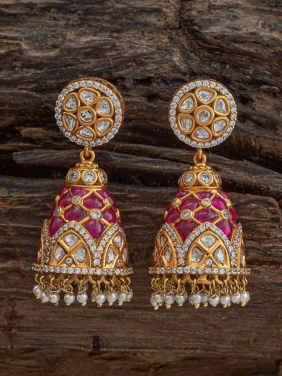 Kushal's Fashion Jewellery Victorian-Plated Dome Shaped Kundan Ethnic Antique Jhumkas