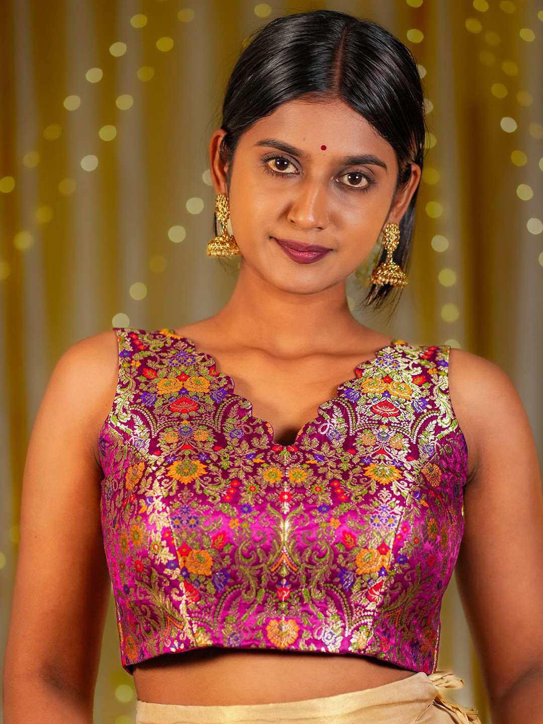 I LOVE SAREES Purple Scallop V-neck Banarasi Blouse