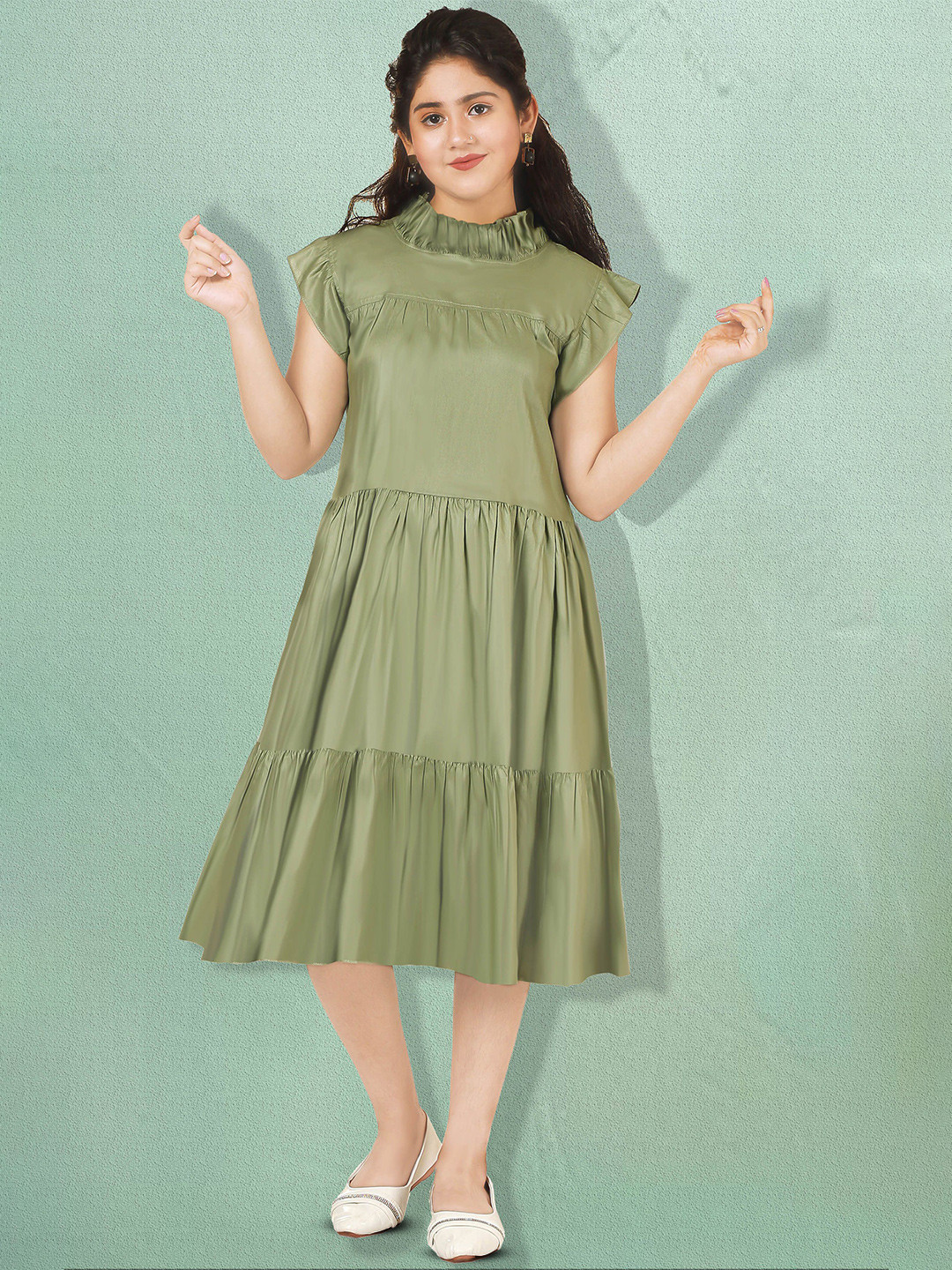 Billion Girl High Neck Flutter Sleeves Tiered Empire Midi Dress