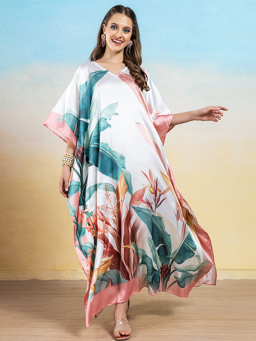 LABEL AARNA Women Tropical Breeze Soft Satin Kaftan Dress