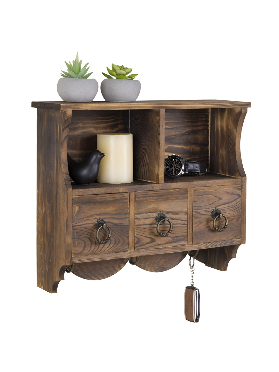 WHITEWHALE Brown Wall Mounted Wooden Organisers With Drawers & Metal Hooks