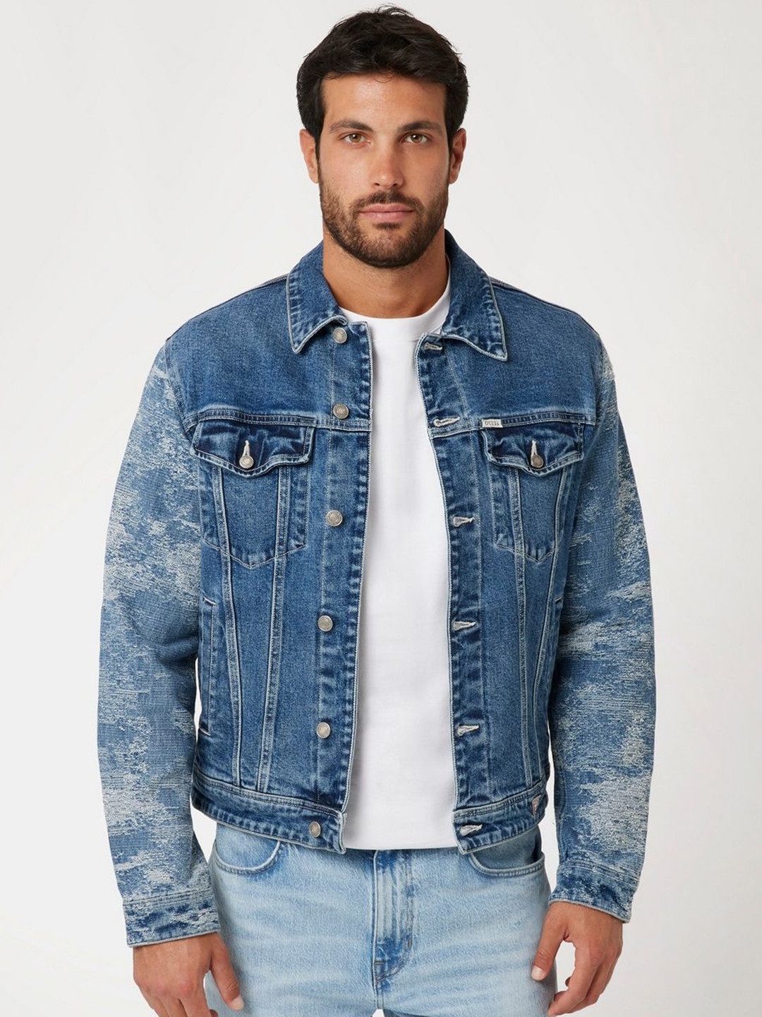 GUESS Dillion Men Washed Cotton Denim Jacket With Patchwork