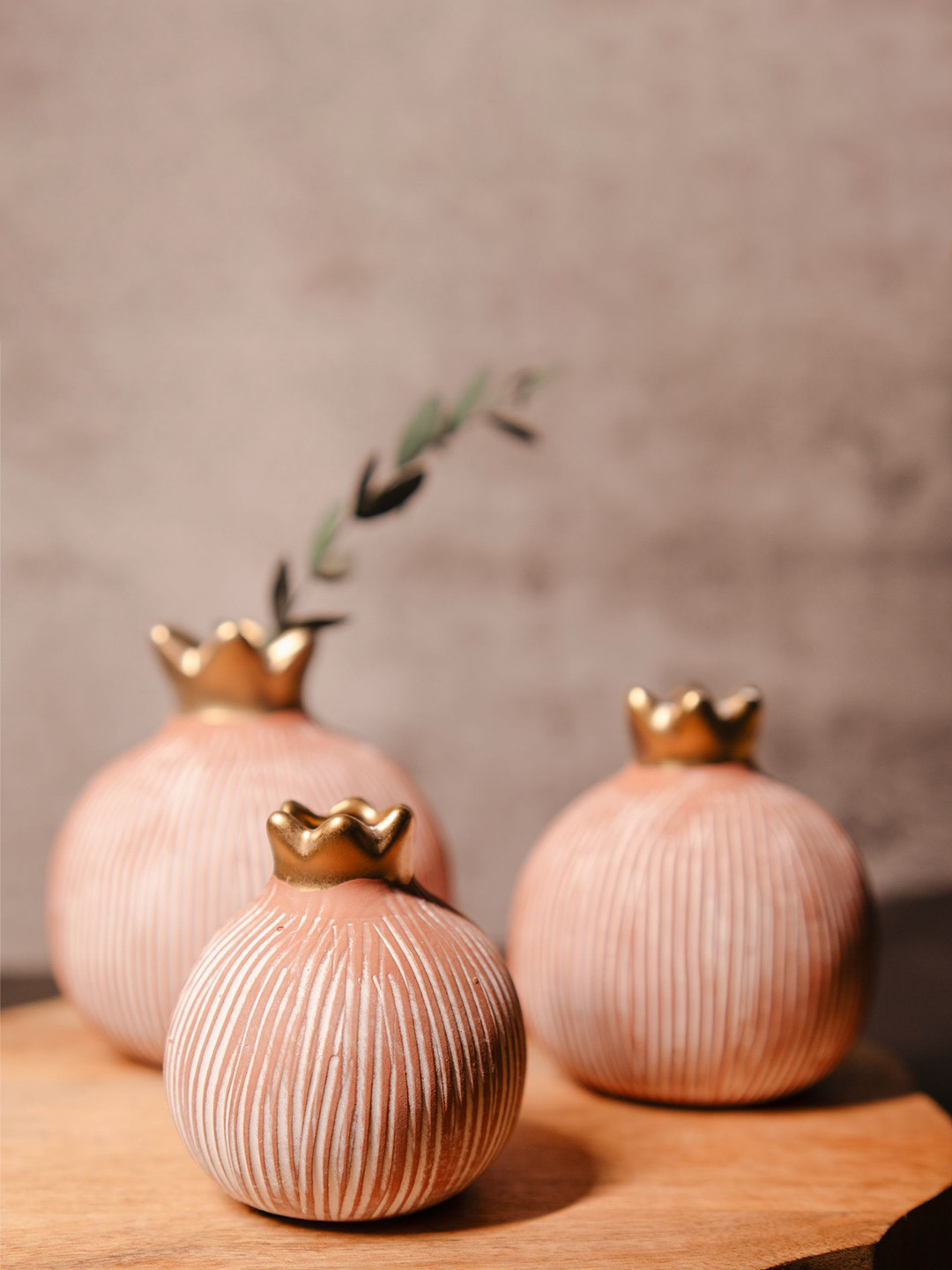 ArteCasa Red & Gold Toned 3 Pieces Pomegranate Glory Striped Flower Vases