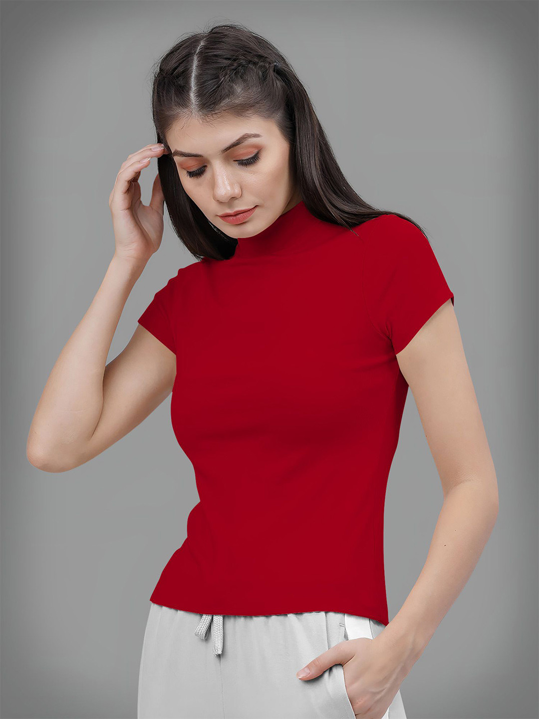Dream Beauty Fashion Women Cherry Red High Neck Long Sleeves Fitted Top