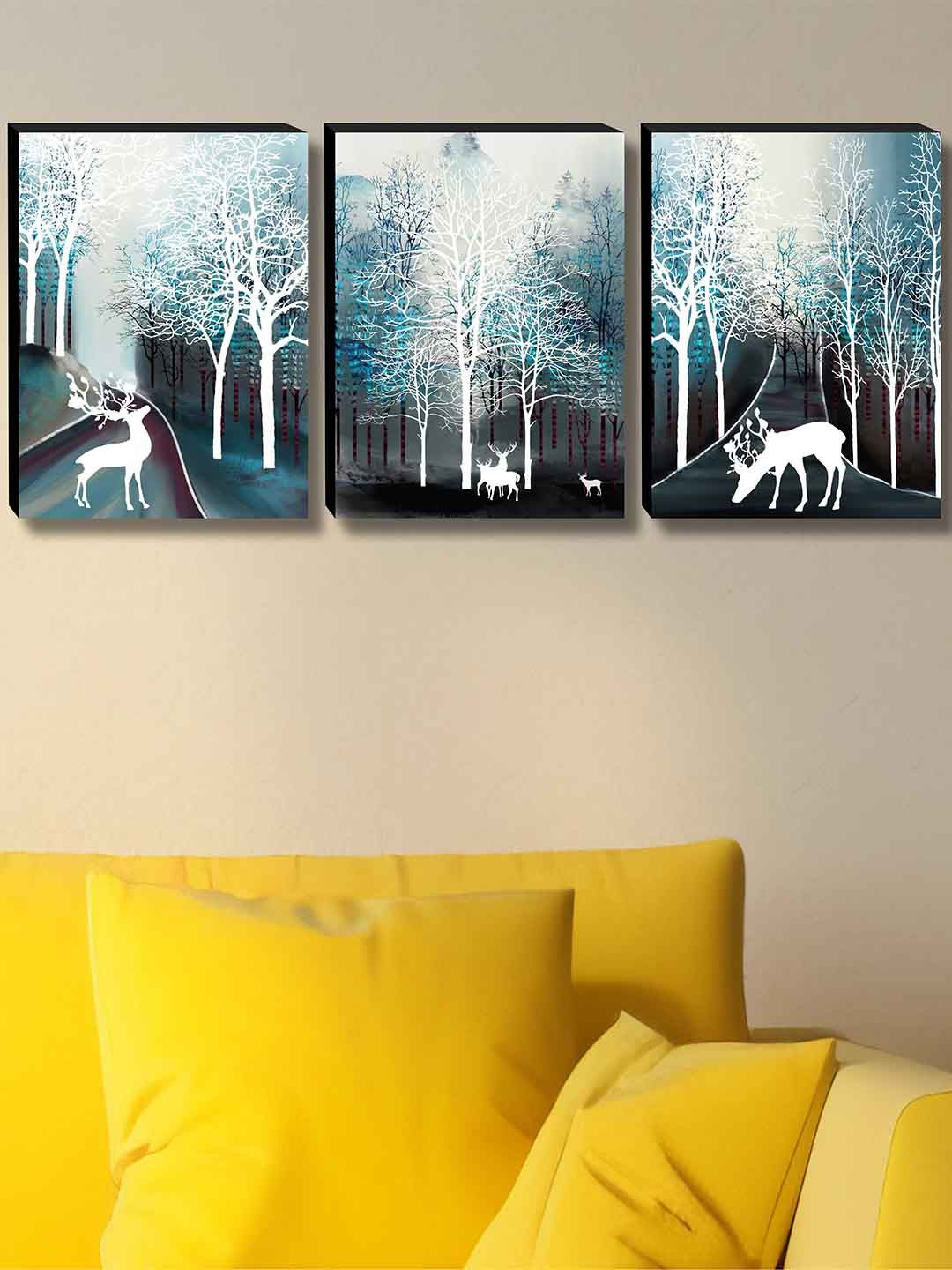 SAF White & Blue 3 Piece Animal Printed Wooden Wall Art
