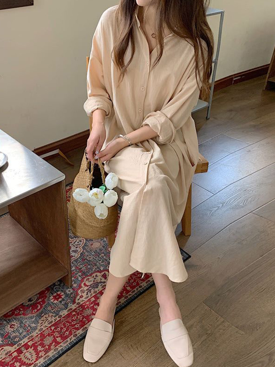 Outzidr Women Shirt Collared Midi Shirt Dress
