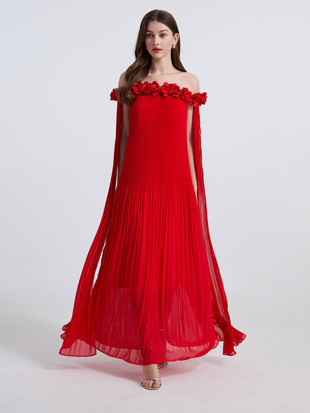 JC Collection Floral Applique Pleated Off-Shoulder A-Line Maxi Dress