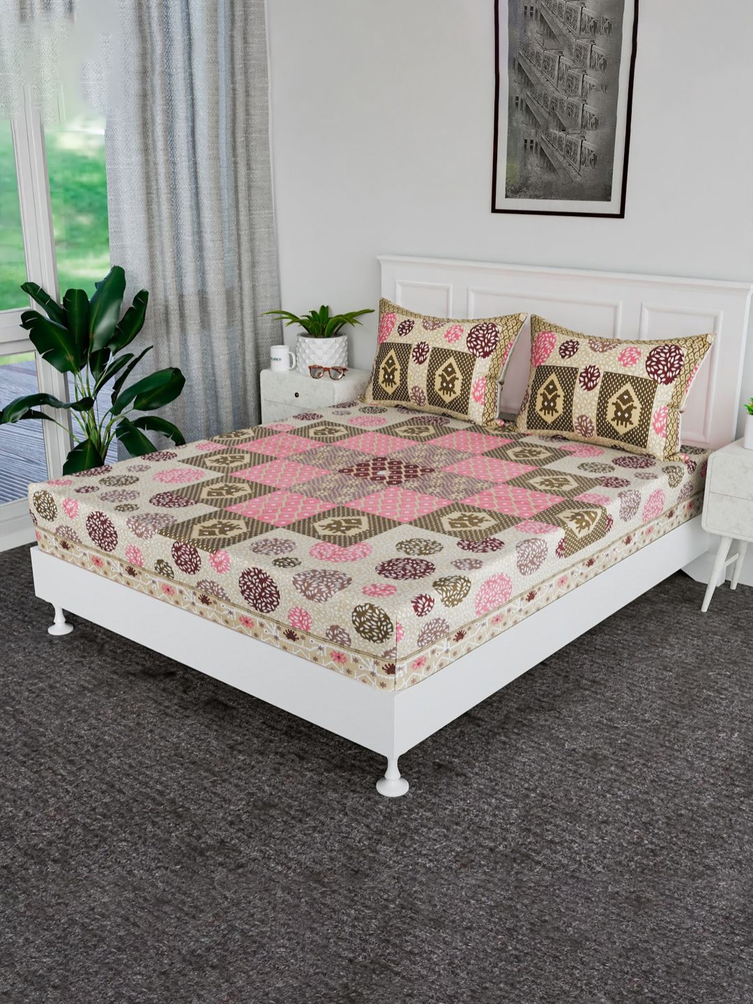 Aura Pink Ethnic Motifs Cotton Wrinkle Free 144 TC King Bedsheet with 2 Pillow Covers-107 x 100 inches