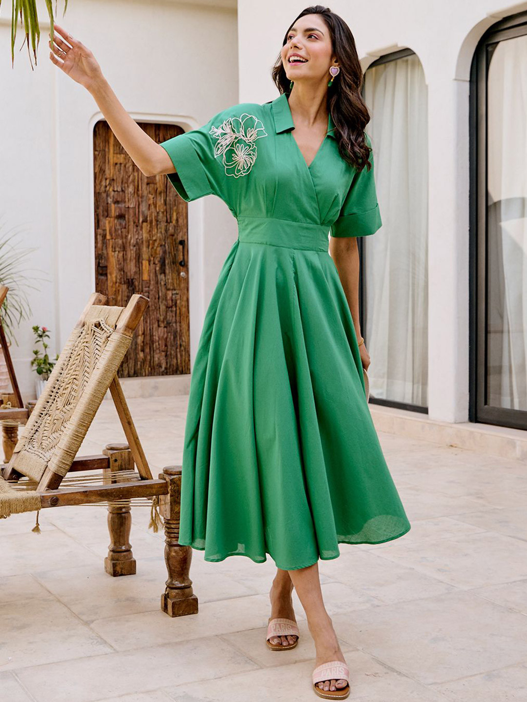 HOUSE OF FETT Greenwich Embrodiered Fit & Flare Midi Dress