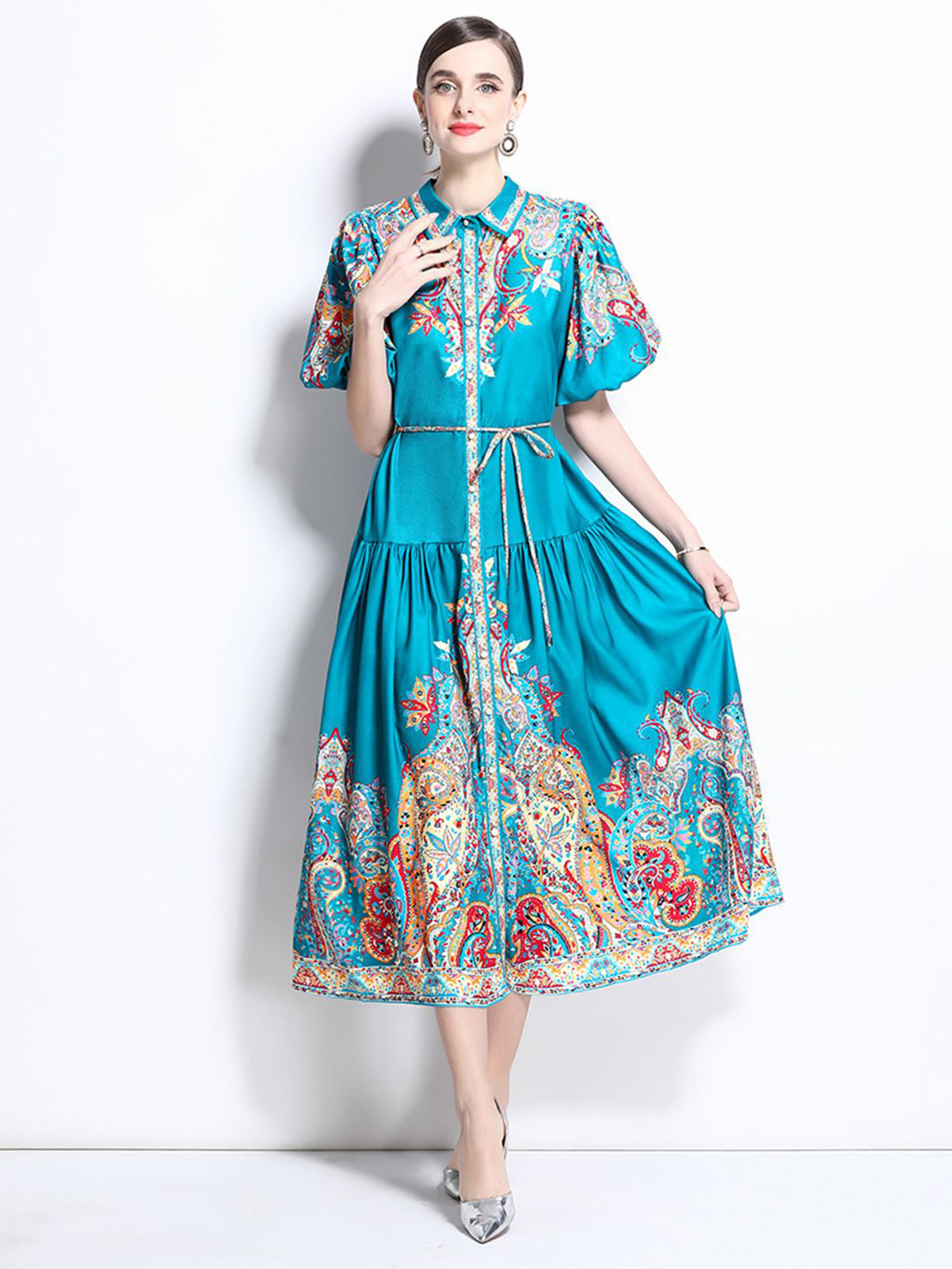 JC Collection Print Puff Sleeves Lapel Coller Shirt Dress