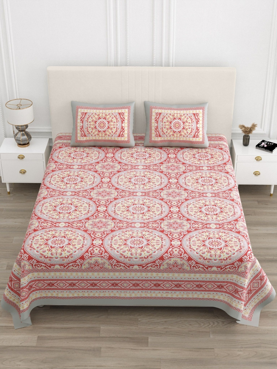 TrueYarns Pink Ethnic Motifs Pure Cotton 210 TC King Fine Bedsheet with 2 Pillow Covers-90 x 108 inches