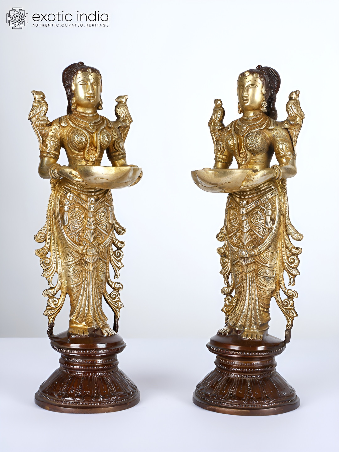 Exotic India Pair Of Deep Lakshmi Gold Brass Metallic Living Room Set of 2 Medium Showpieces - 3.8 Inches