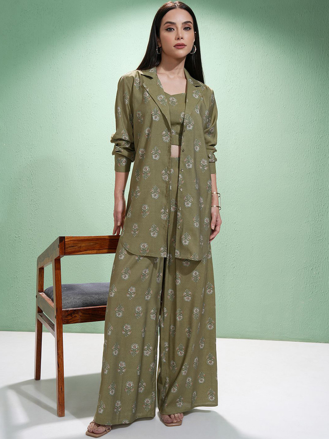 Vishudh Printed Jacket, Top & Trousers Co-Ord Set