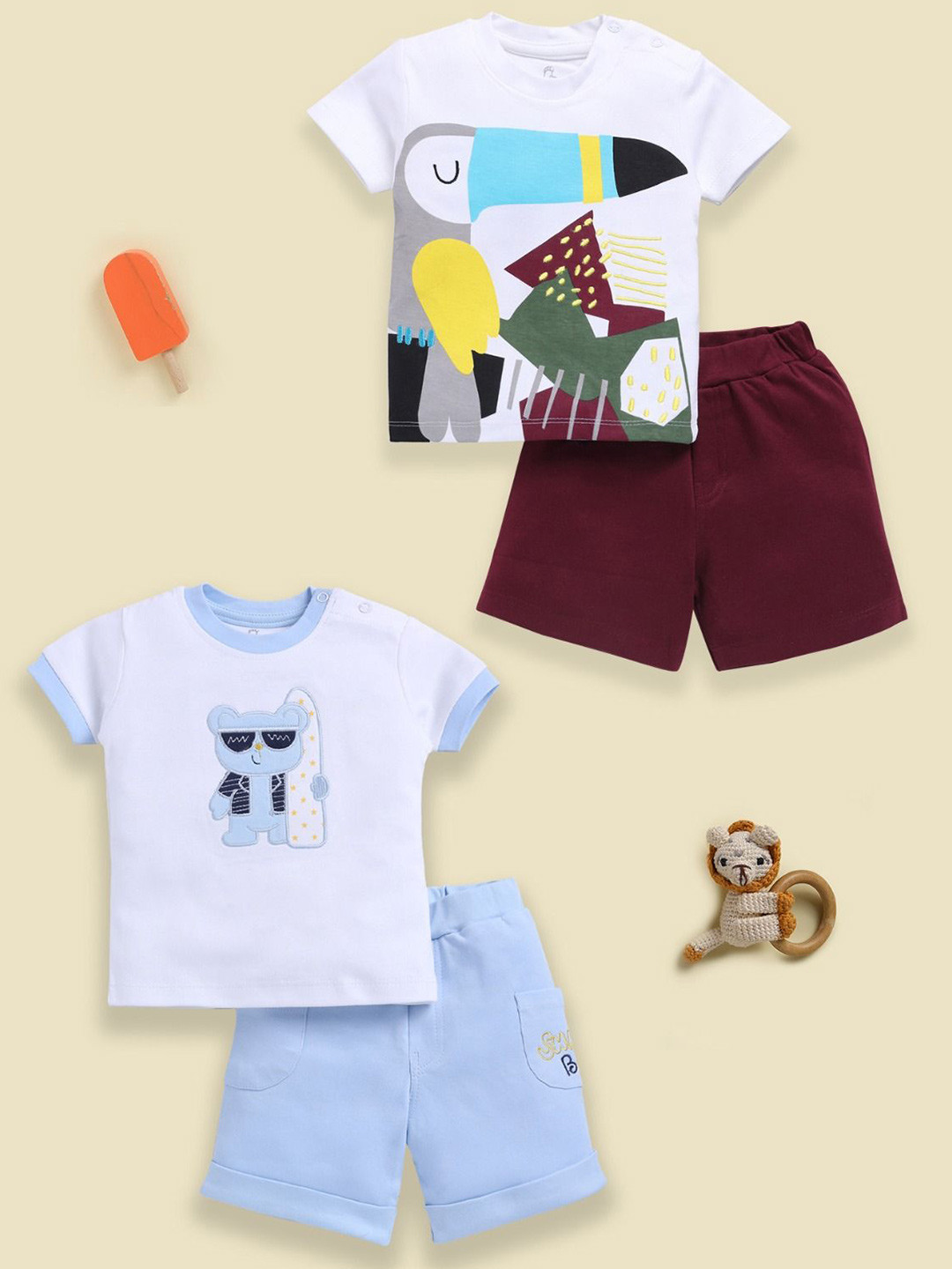 BABY GO Boys Pack Of 2 Animal Graphic Printed Round Neck Pure Cotton T-shirt With Shorts