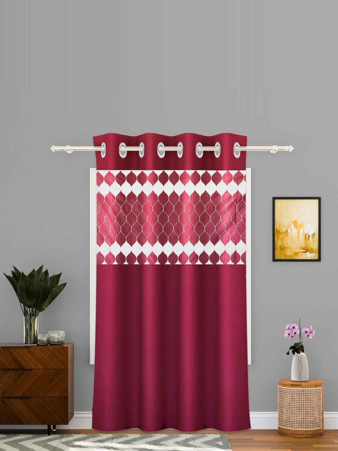 Aura White & Maroon Abstract Printed Window Curtain With Eyelet Rings