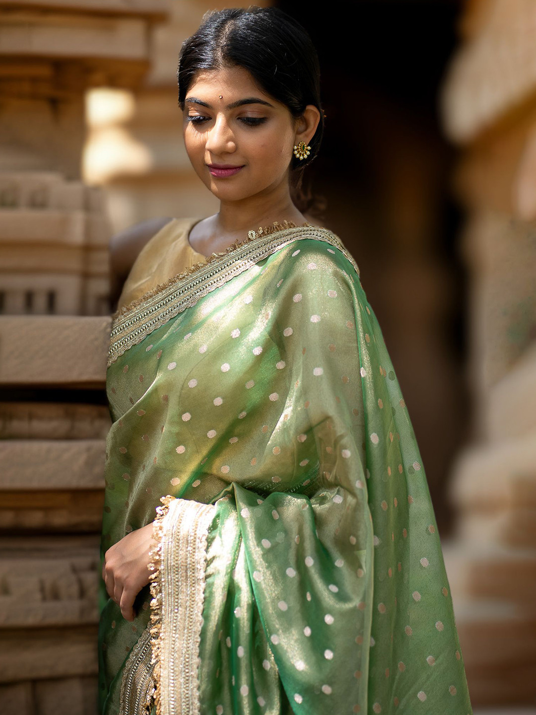 I LOVE SAREES Green Tissue Banarasi Saree With Sequin Lace Border