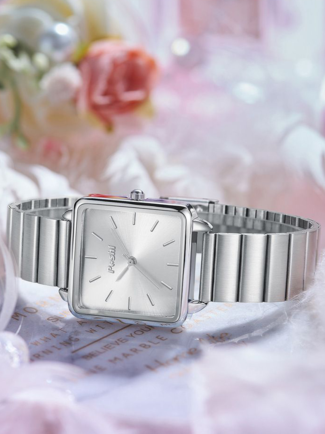 Poshi Women Square Dial Stainless Steel Quartz Wristwatch