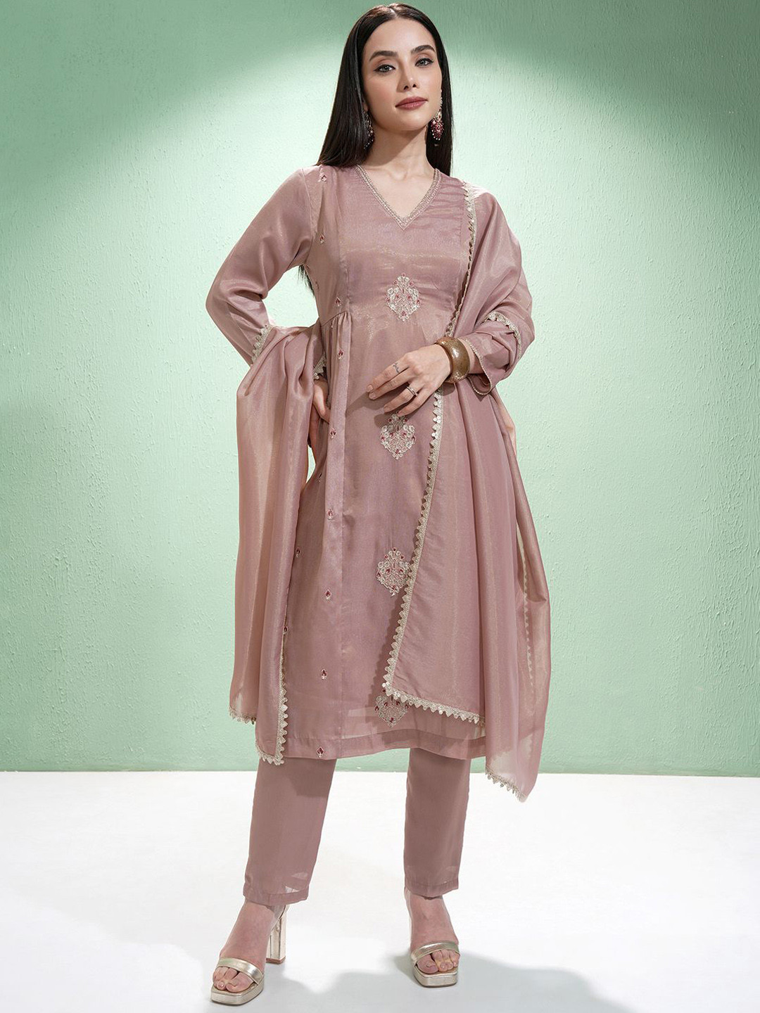 Vishudh Women Embroidered Regular Kurta with Trousers & With Dupatta