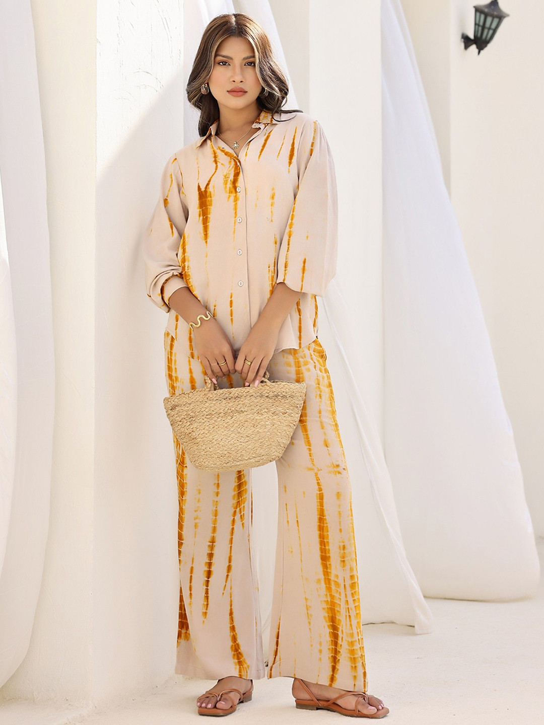 Flabae Pavlina Shibori Tie & Dyed Long Sleeves Shirt With Top & Trouser