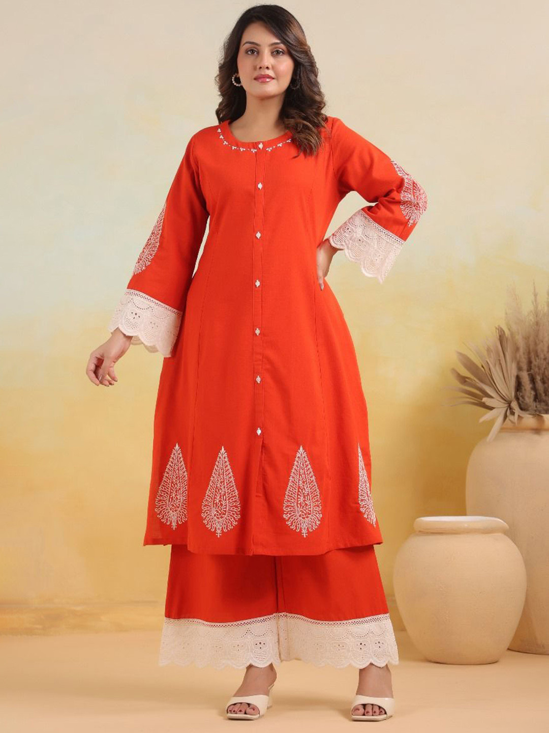 AUTUMN LANE Mahua Crimson Pure Cotton A-Line Kurta Pant Set