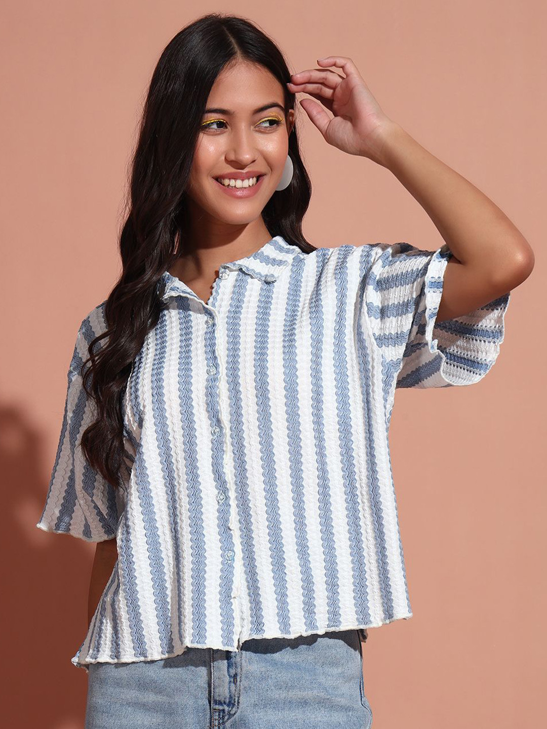 The Dry State Women Opaque Striped Casual Short  Sleeve Shirt