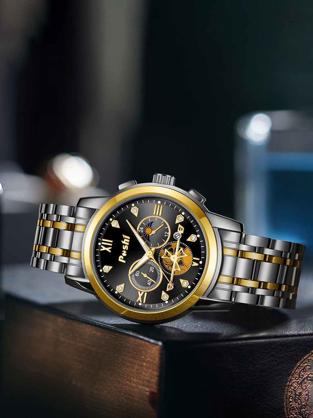 Poshi Men Stainless Steel Waterproof Round Dial Quartz Watch