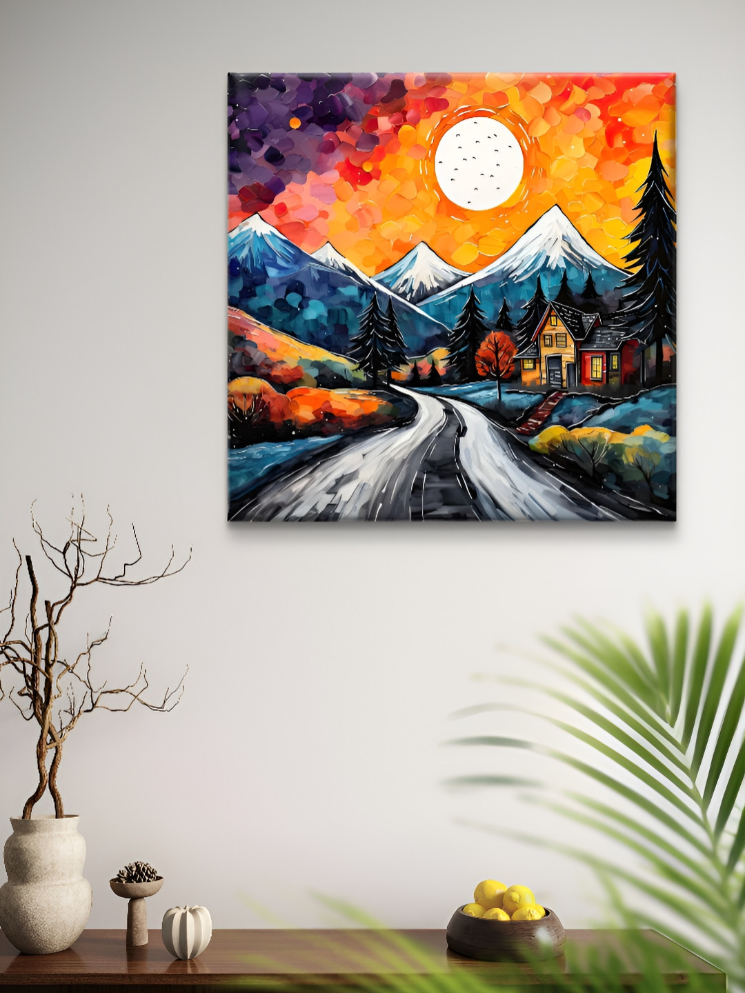 Myntra Elegant Homes Yellow & Red River Moon Printed Canvas Wall Art