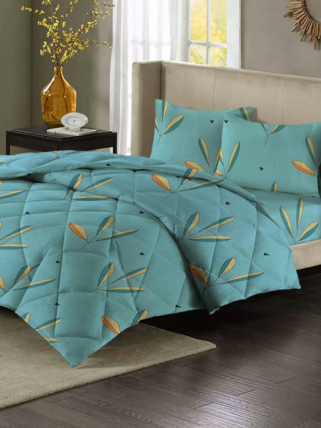 VAS COLLECTIONS Green & Orange Floral Polycotton 4 Piece Double Extra Large Superfine Bedding Set