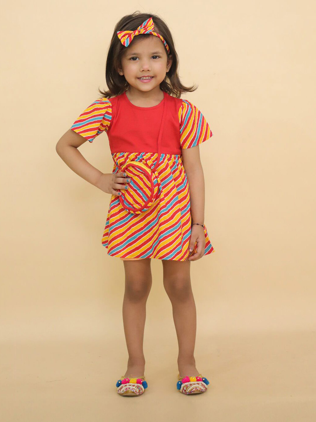 LITTLE GINNIE Girl Striped Printed Round Neck Short Sleeves A-Line Dress