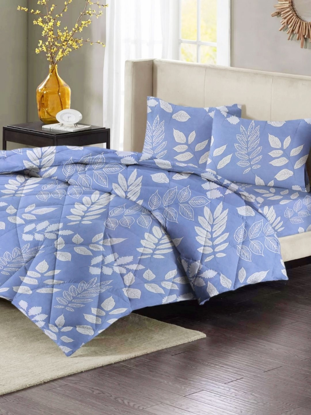 VAS COLLECTIONS Blue & White Floral Polycotton 4 Piece Double Extra Large Superfine Bedding Set
