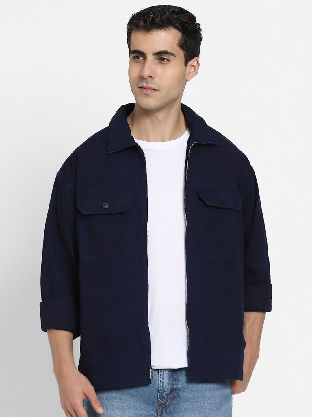 AMERICAN EAGLE OUTFITTERS Men Open Front Cotton Jacquard Shirt Jacket