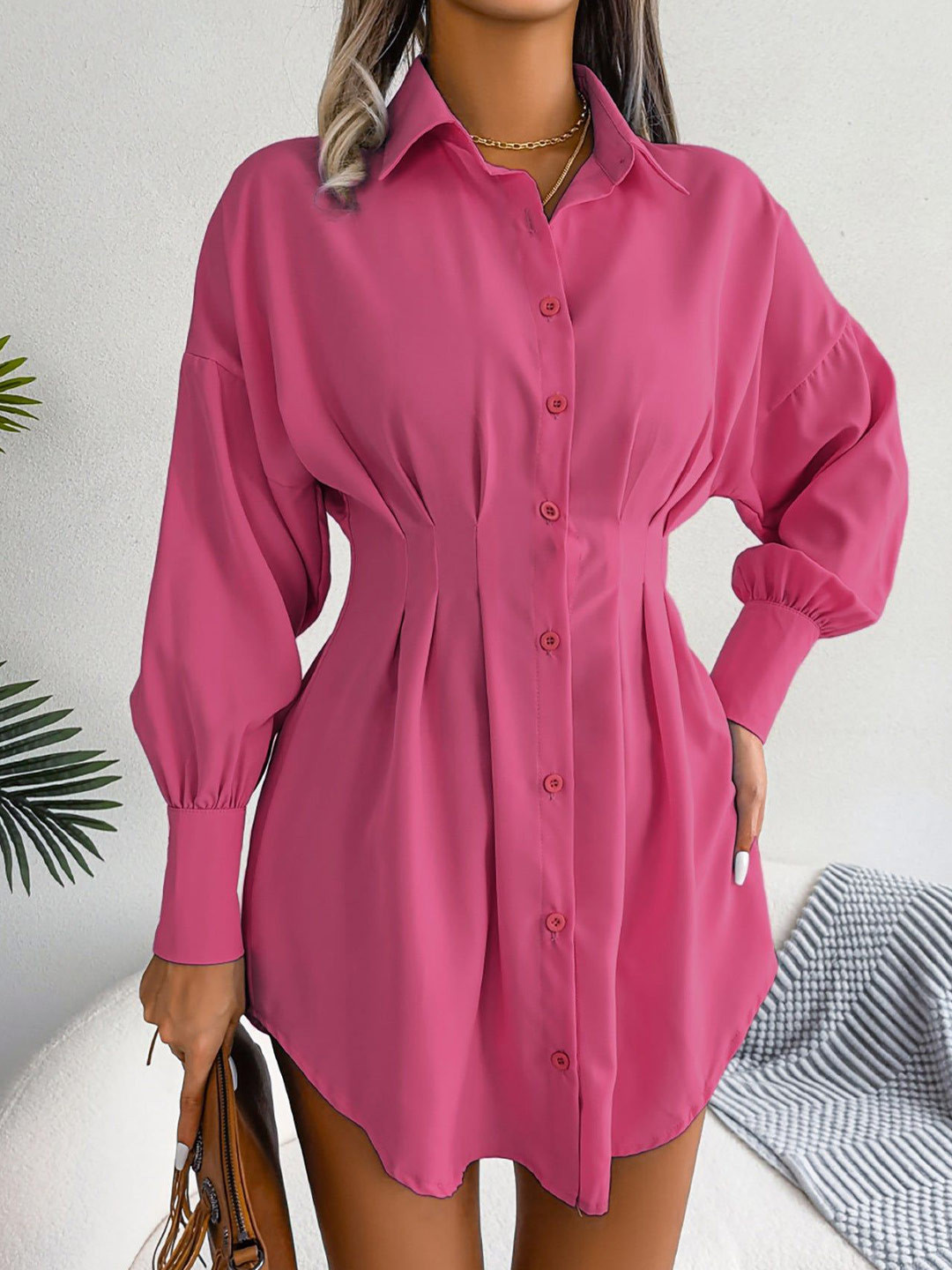 Outzidr Women Solid Sinched Waist Shirt Collar Mini Dress