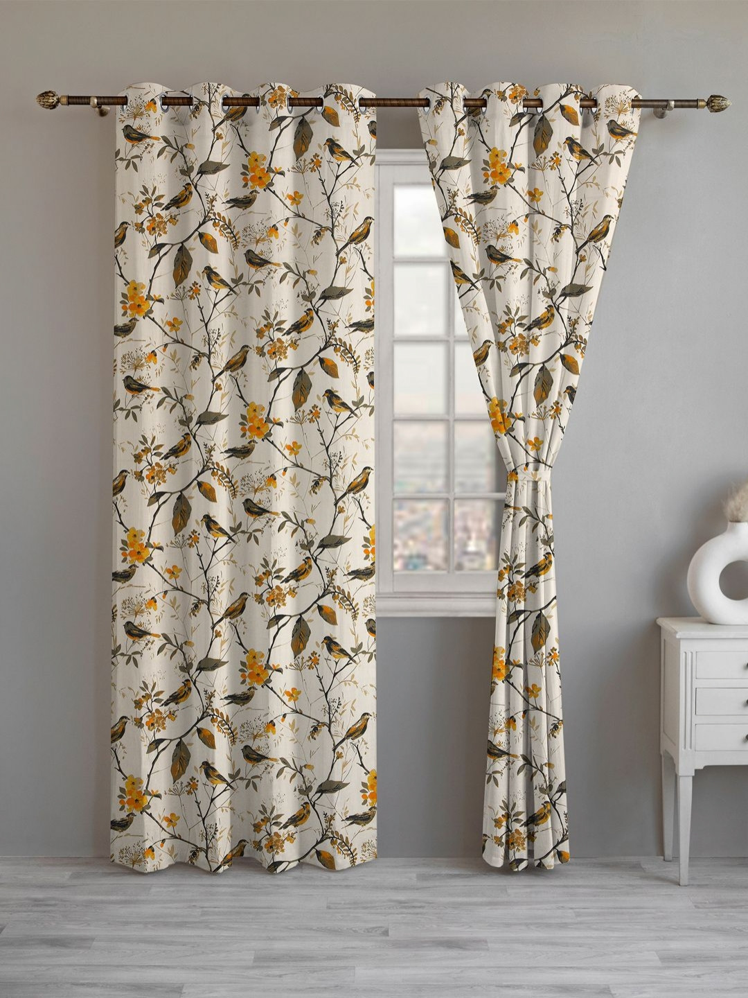 LINENWALAS Happy Sleeping Semi Sheer Curtains Yellow 2 Pieces Cotton Long Door Curtain