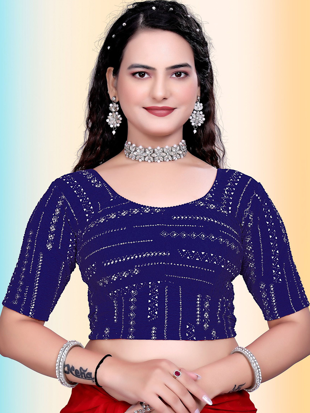 TANISHM FEB TEX Printed Round Neck Short Sleeves Polyester Saree Blouse