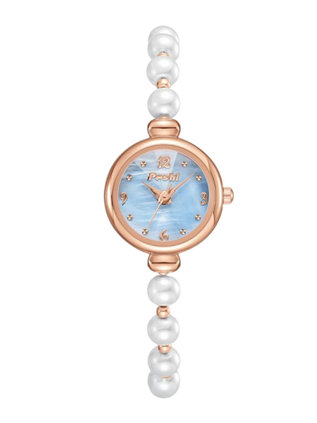 Poshi Women Round Dial Pearl Strap Watch with Adjustable Clasp