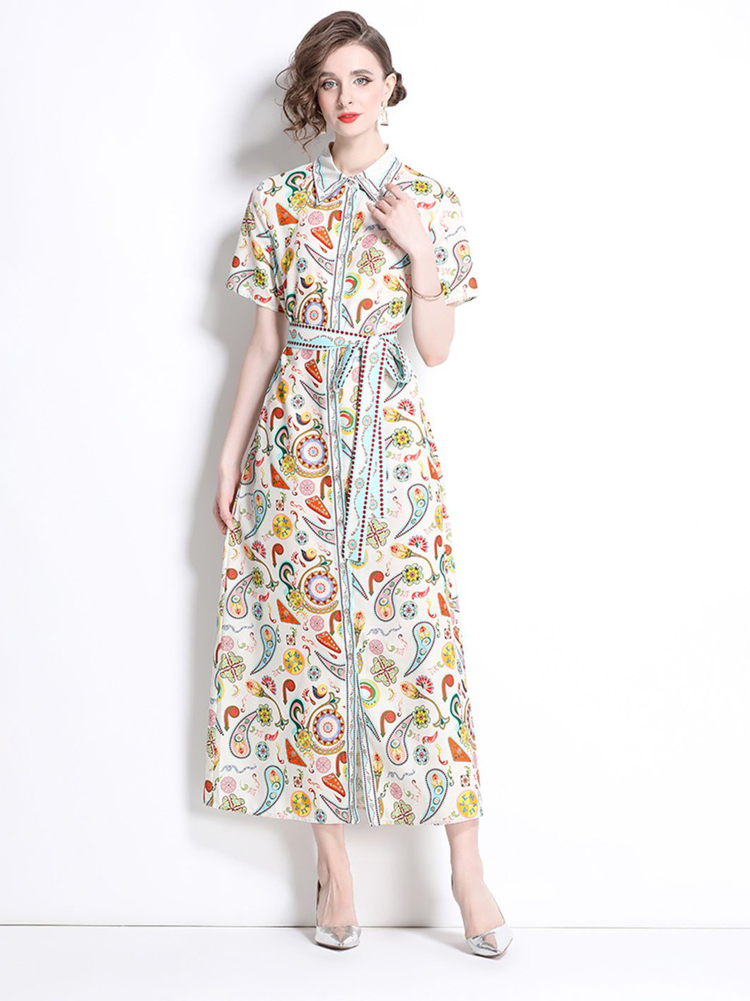 JC Collection Women Conversational Print Shirt Collar Belted Shirt Dress
