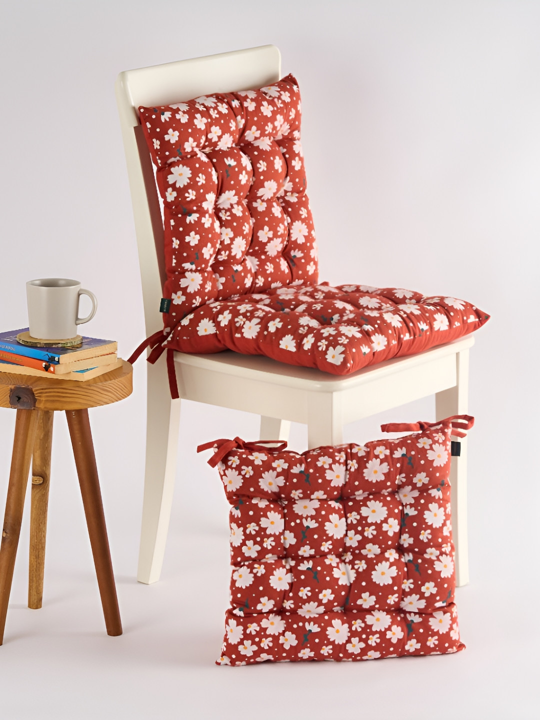 SKANDA FAB 3Pc Brown & White Floral Printed 100% Cotton Chair Pad