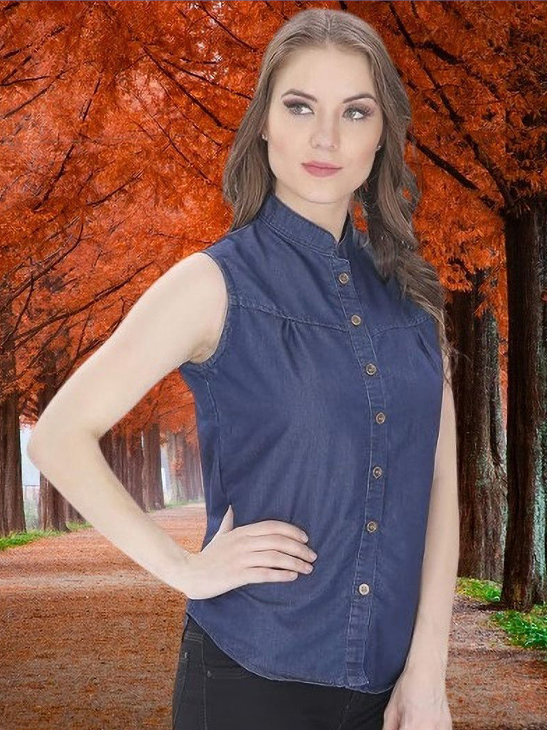 GIRLS WITH WINGS Women Mandarin Collar Denim Casual Shirts