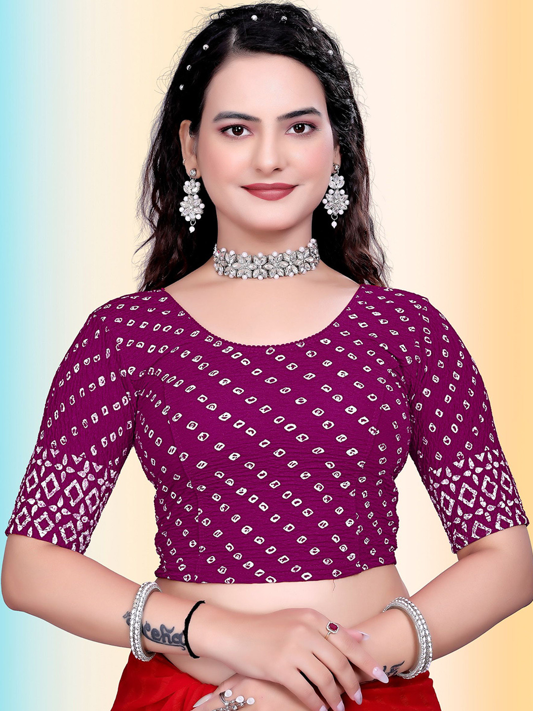 TANISHM FEB TEX Printed Round Neck Short Sleeves Polyester Saree Blouse