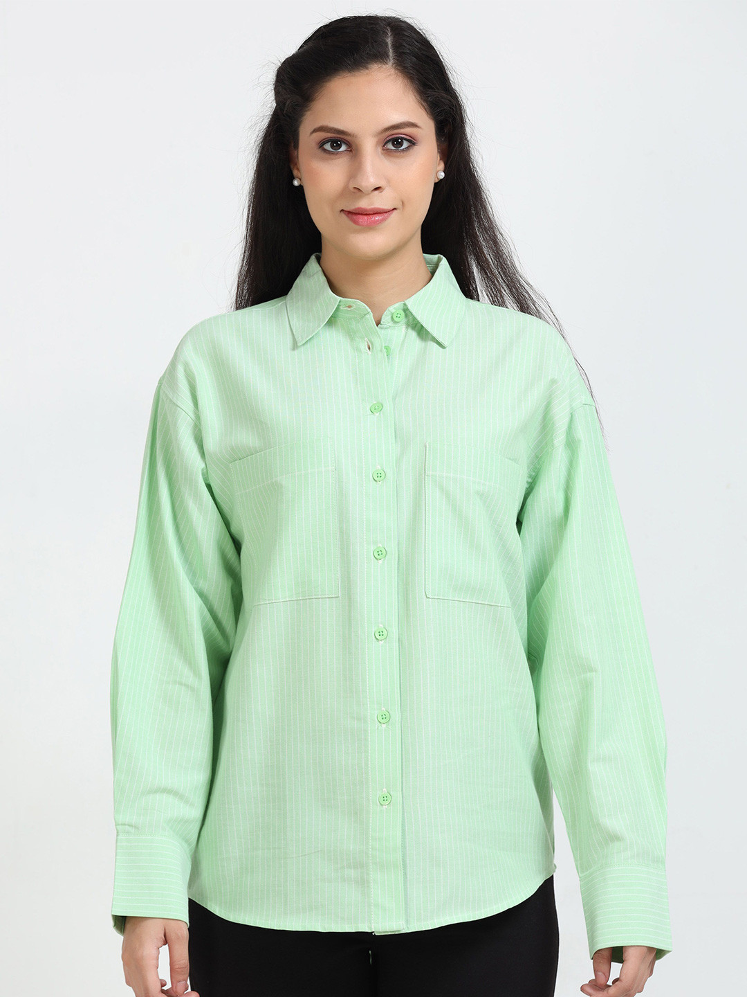 GLAM & CHIQUE Women's Oversized Relaxed Fit Pure Cotton Button Down Striped Long Shirt