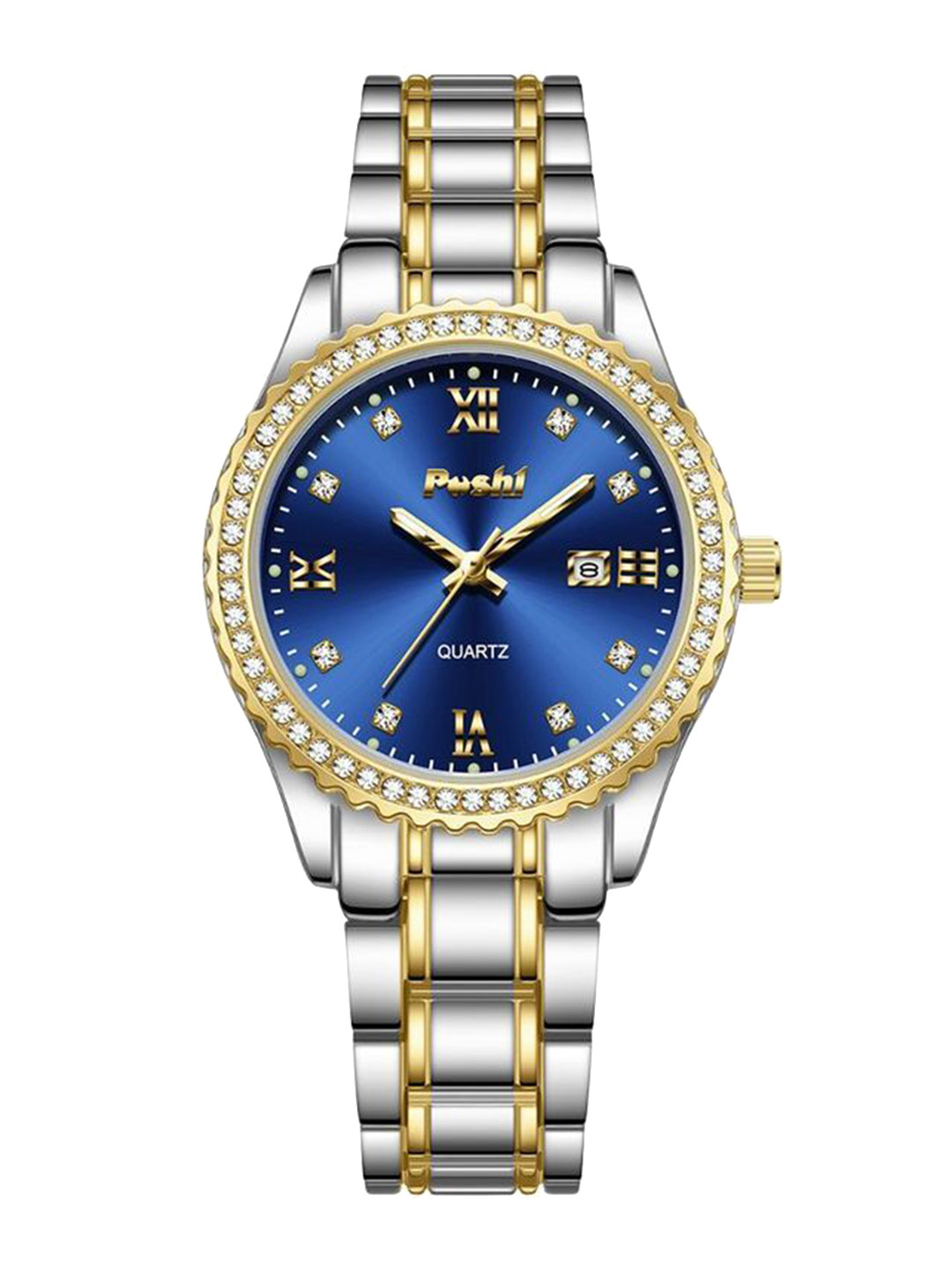 Poshi Women Round Dial Stainless Steel Strap Quartz Watch