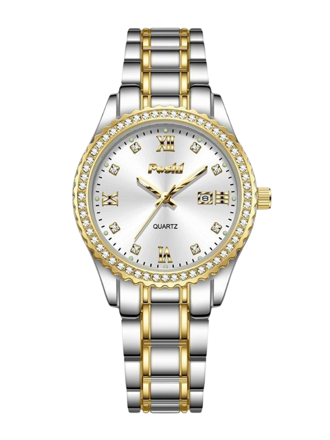 Poshi Women Round Dial Stainless Steel Strap Quartz Watch