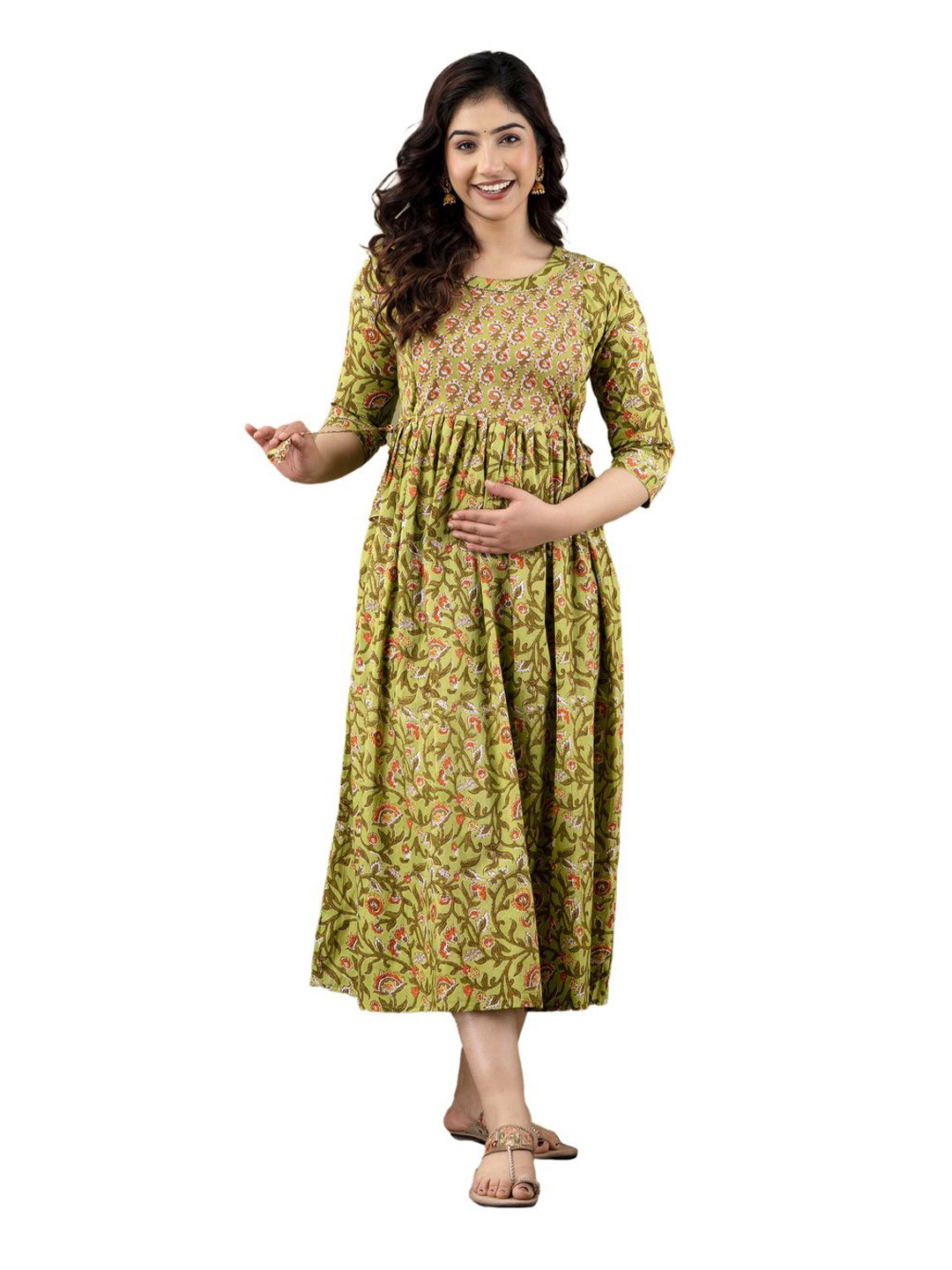 ANUOM Women Lime Green Floral Midi Fit & Flare Dress