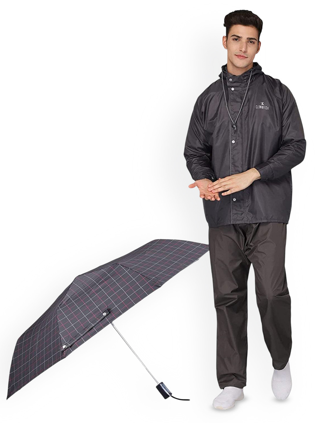THE CLOWNFISH  2 Pieces Manual 3 Fold Checked Umbrellas With Rain Coat