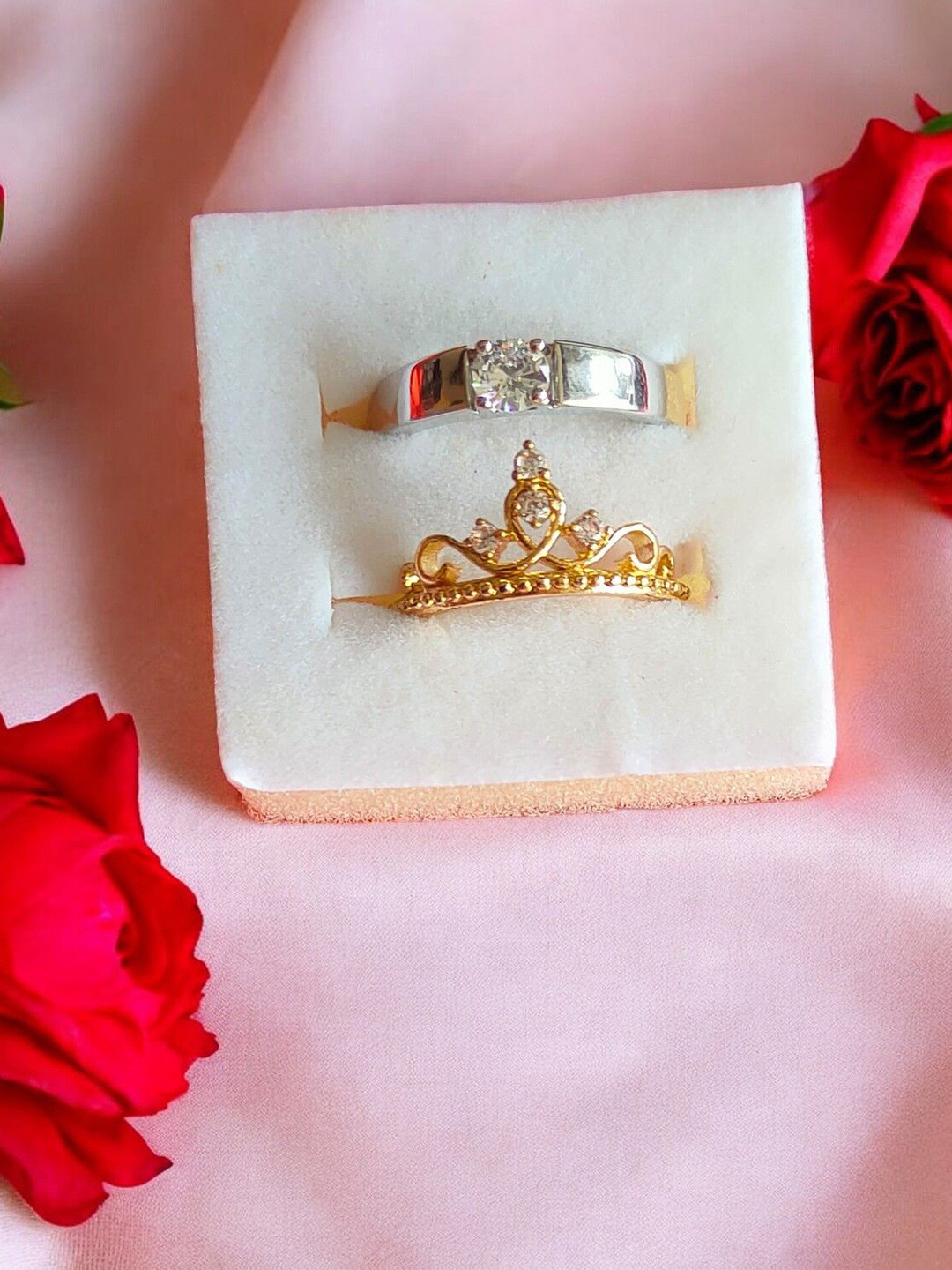 M Men Style Set Of 2 Rose Gold & Silver-Plated Stone-Studded Adjustable Couple Rings