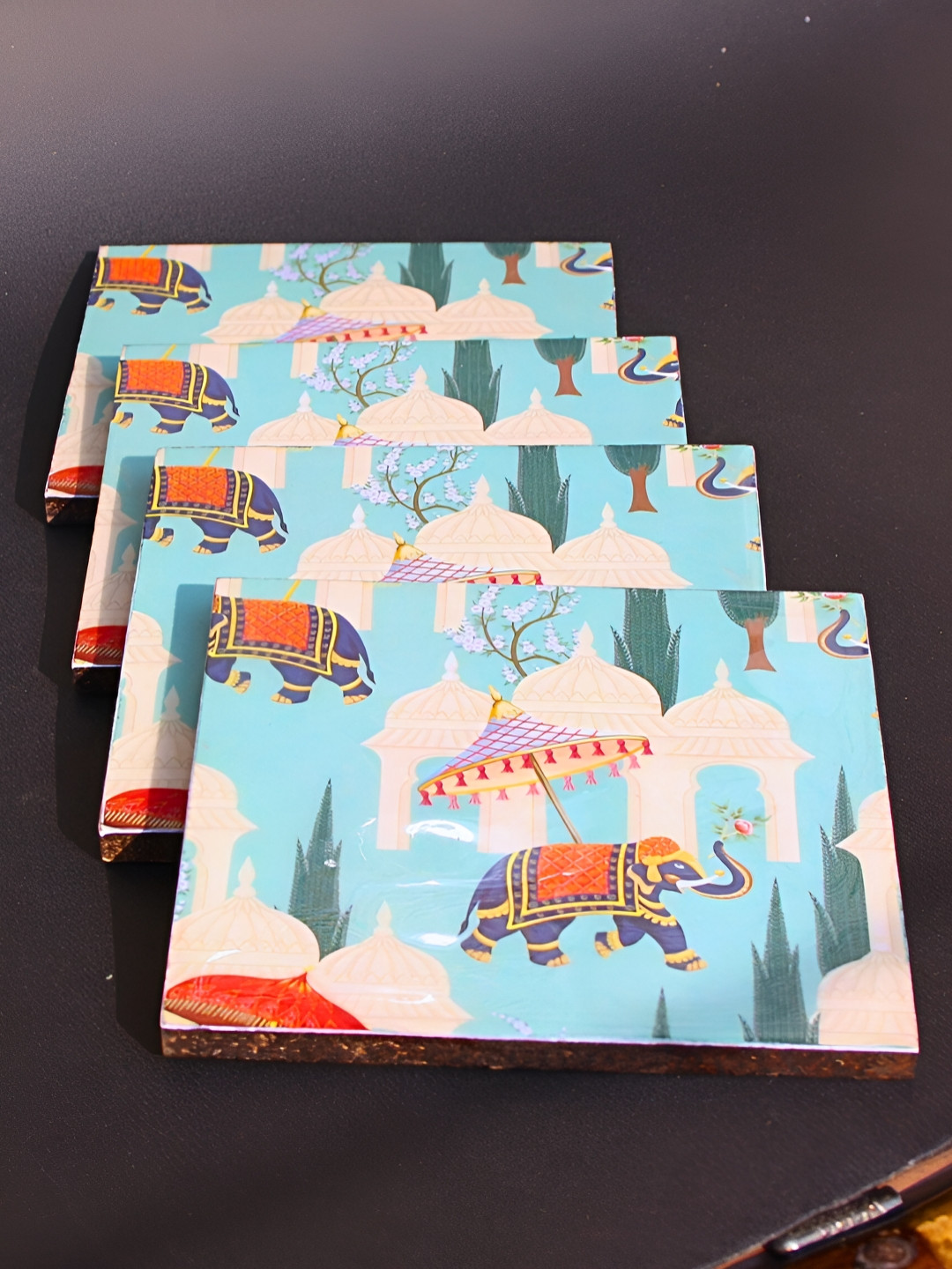 Ekaura 4 Pieces Blue & White Airavata Printed Wooden Coasters.